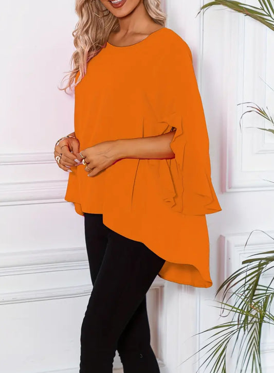 Exudes, Solid Crew Neck Blouse, Casual Ruffle Sleeve