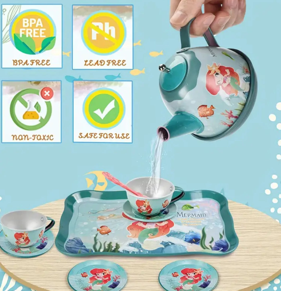 Juego de té de sirena de 19 piezas, de 3 a 6 años, incluye juego de té de hojalata para juego de simulación y estuche de transporte 🧜🏼‍♀️