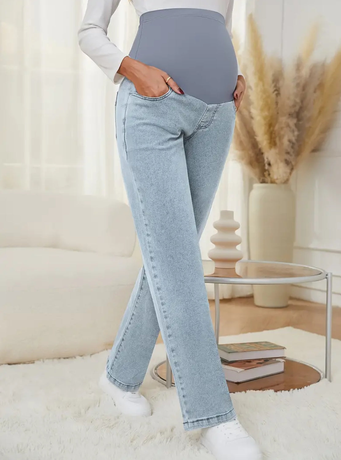 Relaxed Fit Maternity Jeans - Straight Leg Over Belly with Pockets