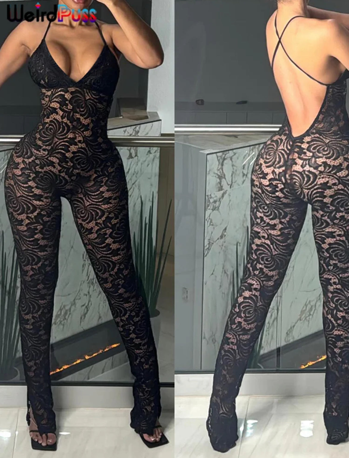 "Sexy See Thorough" Jumpsuit kryq pa kurriz, pa mëngë