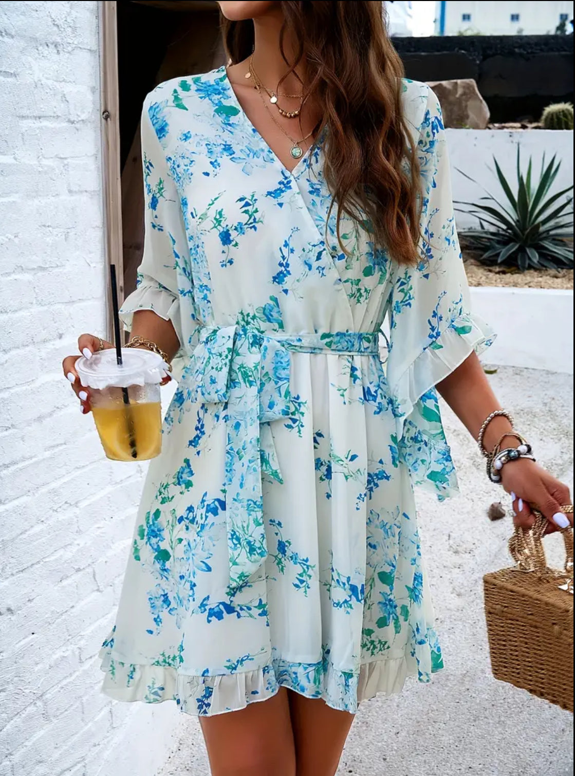 Hannah’s Floral Print V-neck Belted Swing Dress for Women - Flare Sleeve and Ruffles