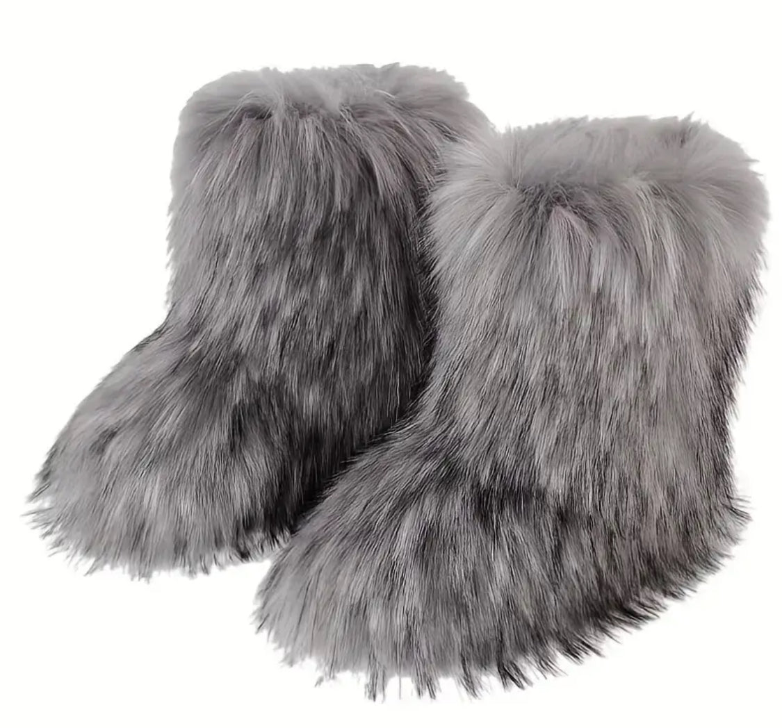 “Elegance Faux Fur Boots” Women’s, Mid-Calf, Slip-On, Comfortable Plush Lining, Durable Rubber Sole