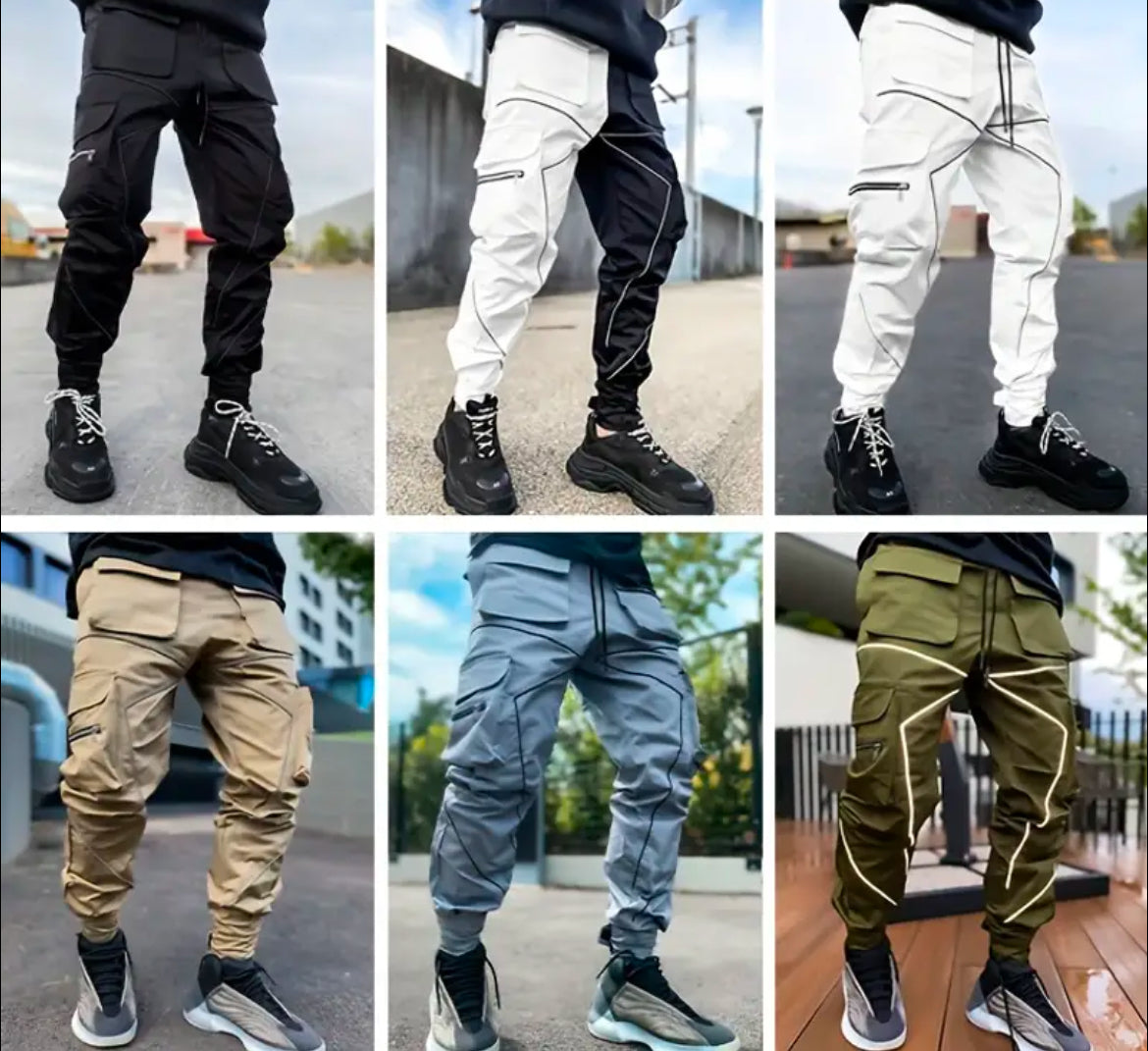 Men's Cargo Pants - Loose Straight Sports Joggers with Multi Pockets & Reflective Details