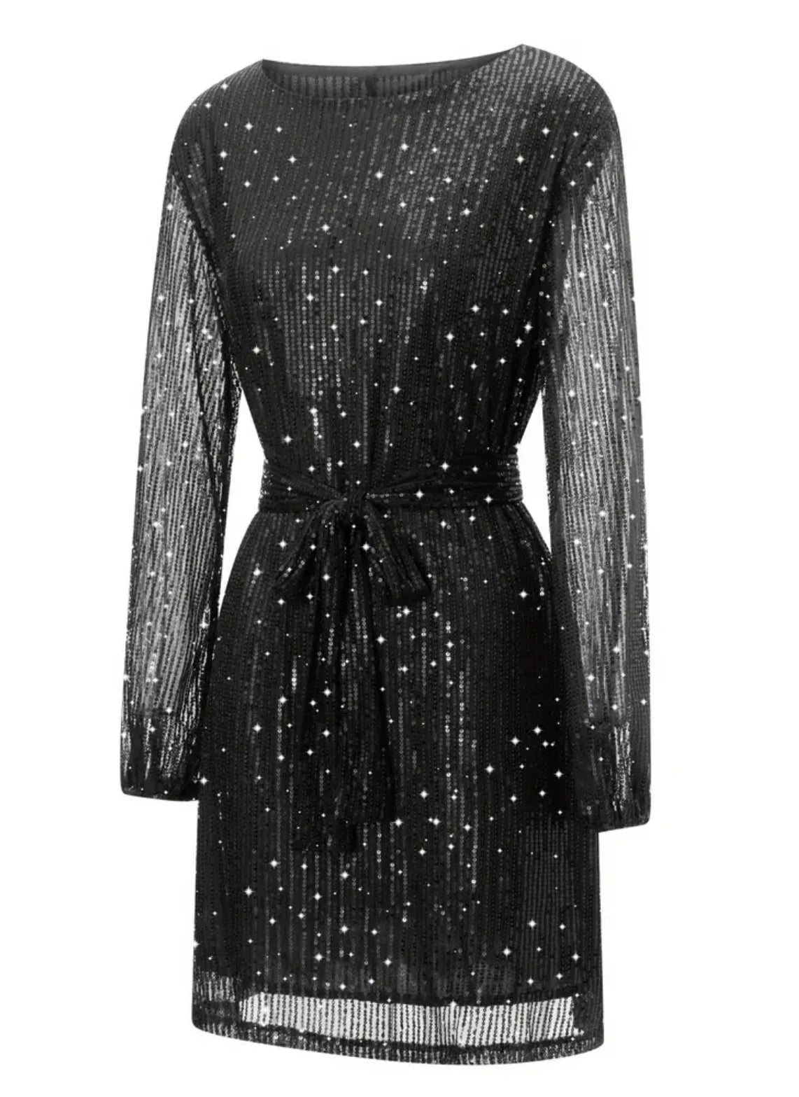 “Noir Sequin” Sparkle Long Sleeve Round Neck Short Cocktail Dress with Belt