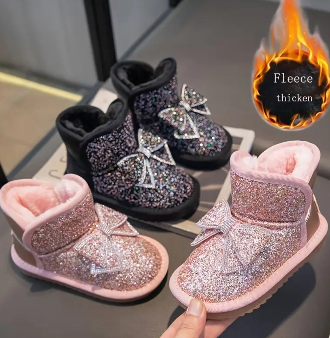 Girls 🌷 Boots with Sparkling Rhinestones - Warm Fleece Lining, Non-Slip Rubber Sole, Easy Slip-On Design