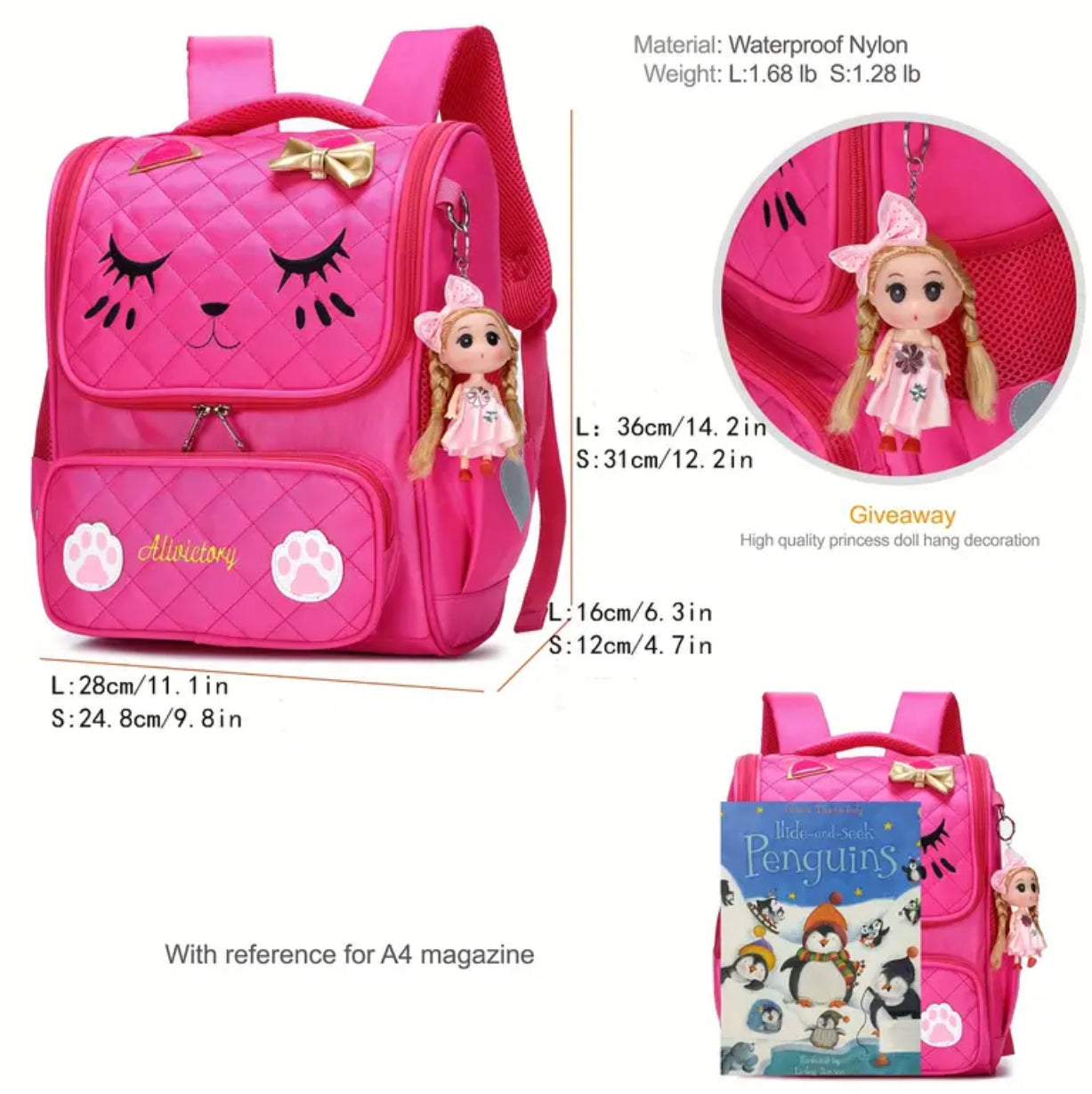 “ Kitty Cat” Backpack for Girls, Waterproof, 🖤💗