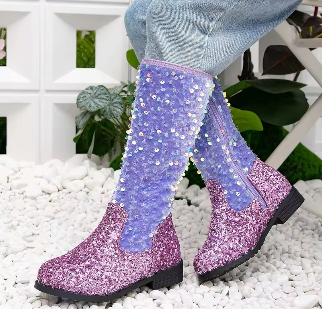 Sparkling Sequin Princess Boots - Cute, Fleece Lined, High Boots With Zip Closure