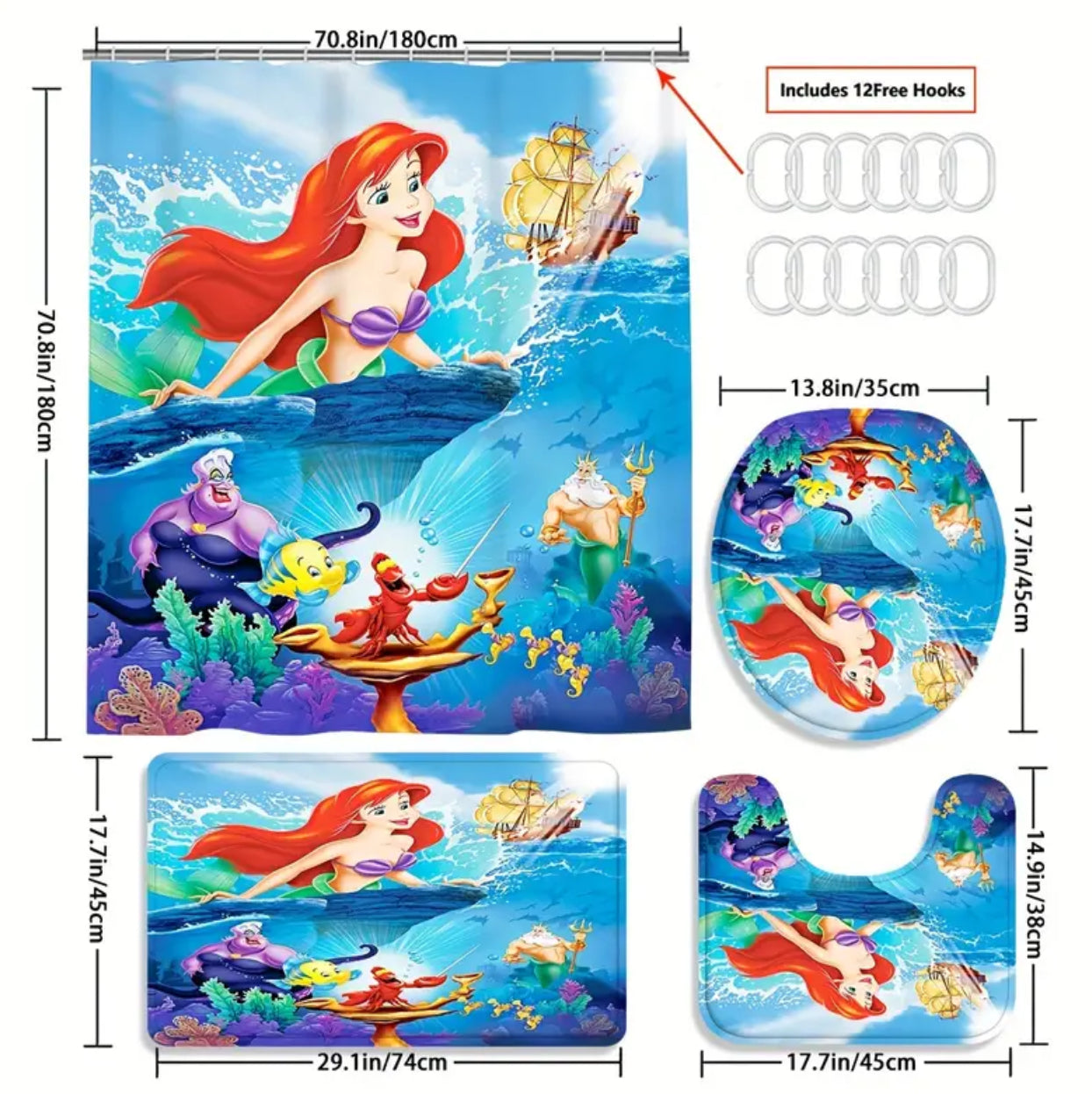 Disney’s Little Mermaid-Themed 4-Piece Bathroom Set. Hooks Included.