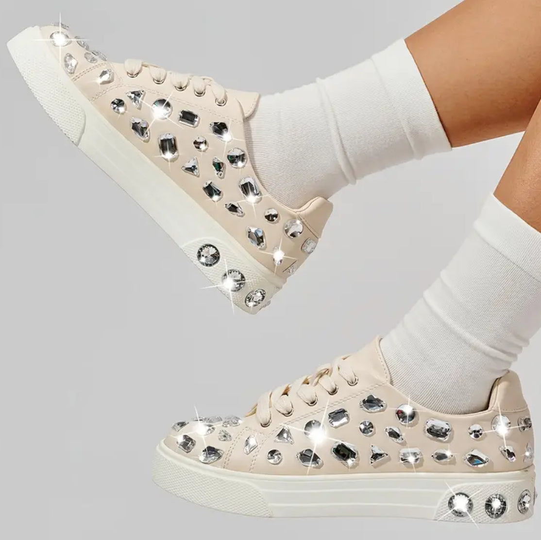 Women's “Rhinestone Sparkly” Flat Canvas Lace-Up Sneakers