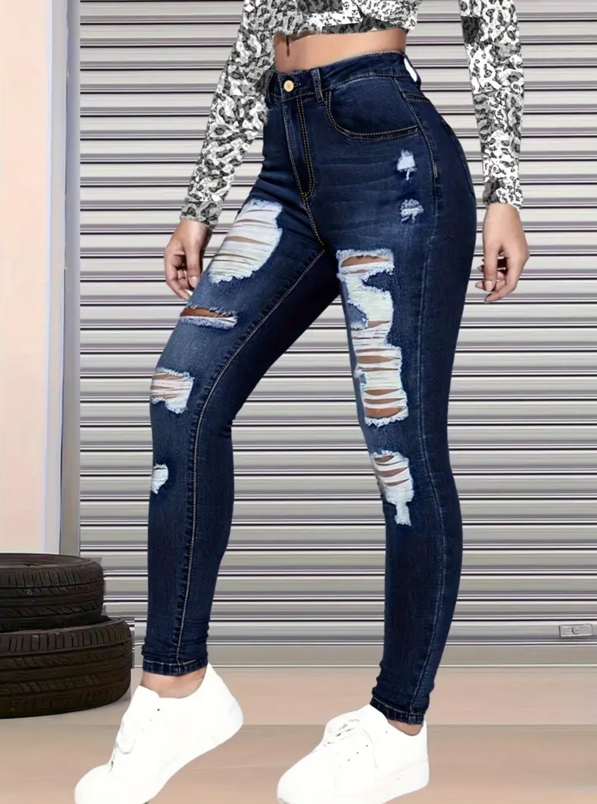 Slim Fit, High Stretch, Tight Jeans, Ripped Casual Skinny