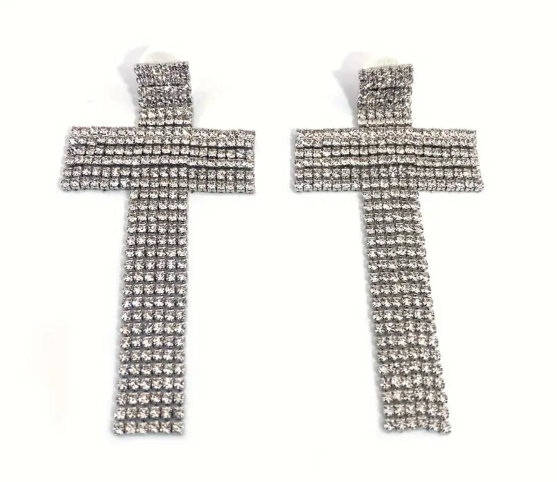 Glamorous Crystal Tassel Cross Dangle Earrings - Sparkling Rhinestone, Stainless Steel