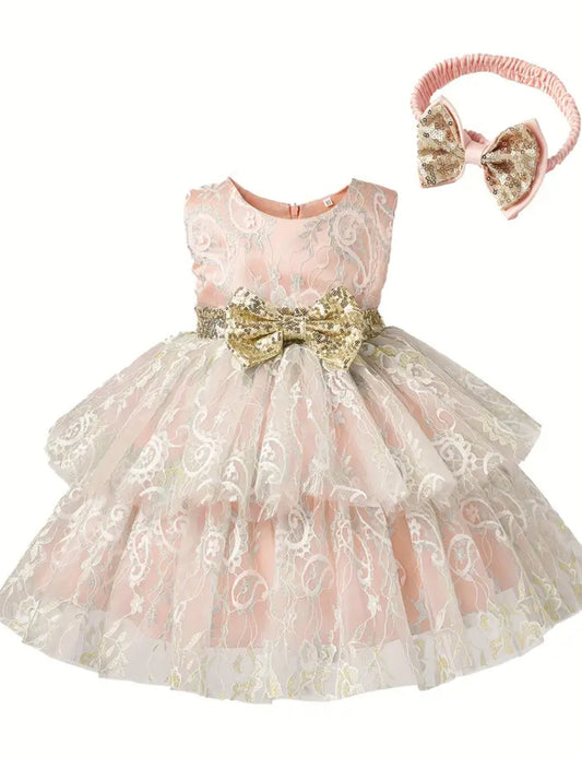 “Royalty” Sequin Bowknot Layered Sleeveless Lace Dress