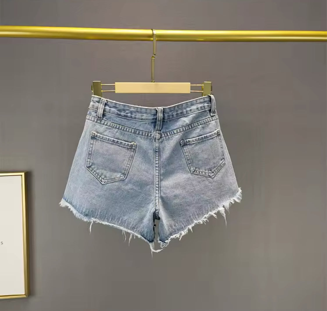 Ripped Wide Leg Rhinestone Denim Shorts | 3 Style Options