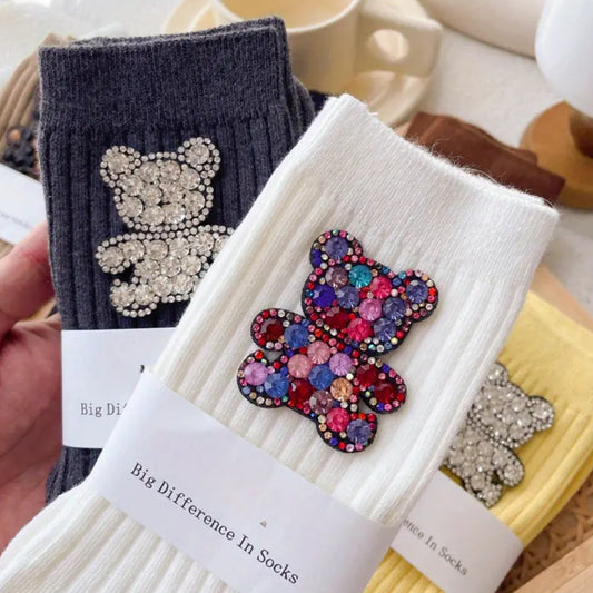 6 Pairs, Designer “Rhinestone Modish Teddy Bear” Mid Tube