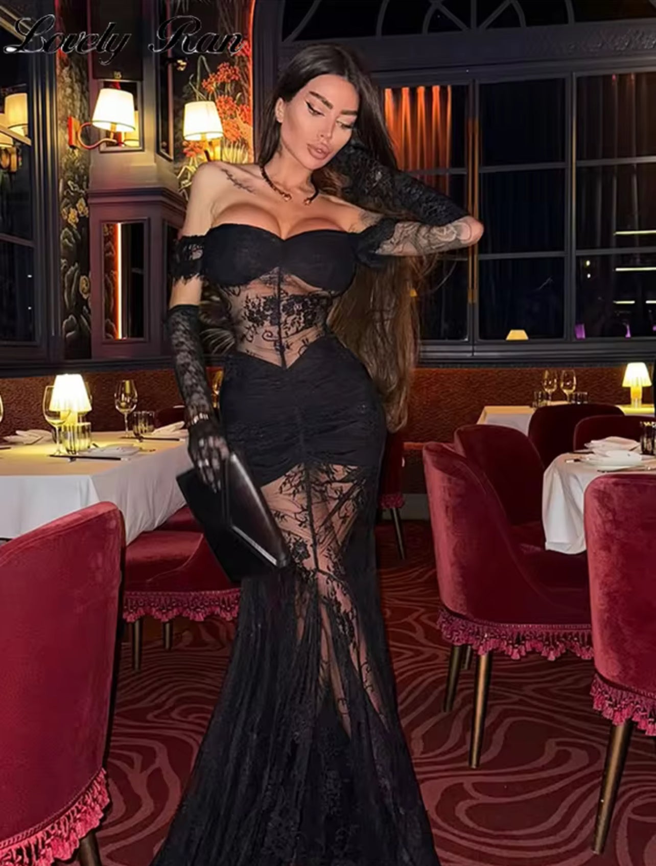 ‘Noir Jacquard’ Mesh Strapless Mermaid Dress