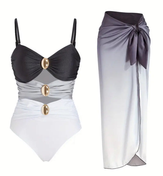 Fashionable Gradient Color One-Piece Swimsuit, Round Buckle Design + Slimming Long Skirt, Up to 2XL