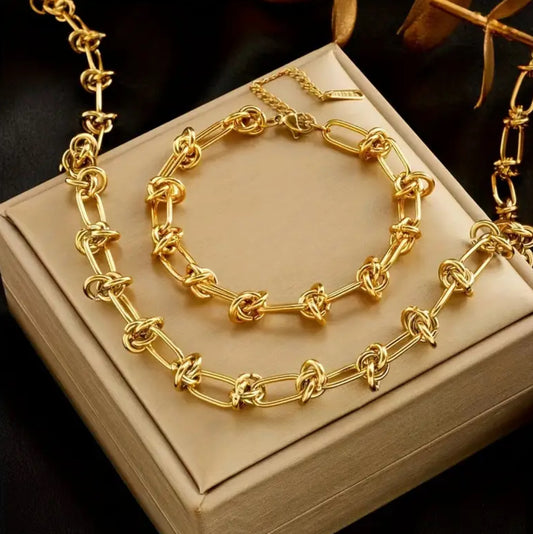 2PCS Set of Stainless Steel Jewelry | Gold-Plated Necklace +  Bracelet