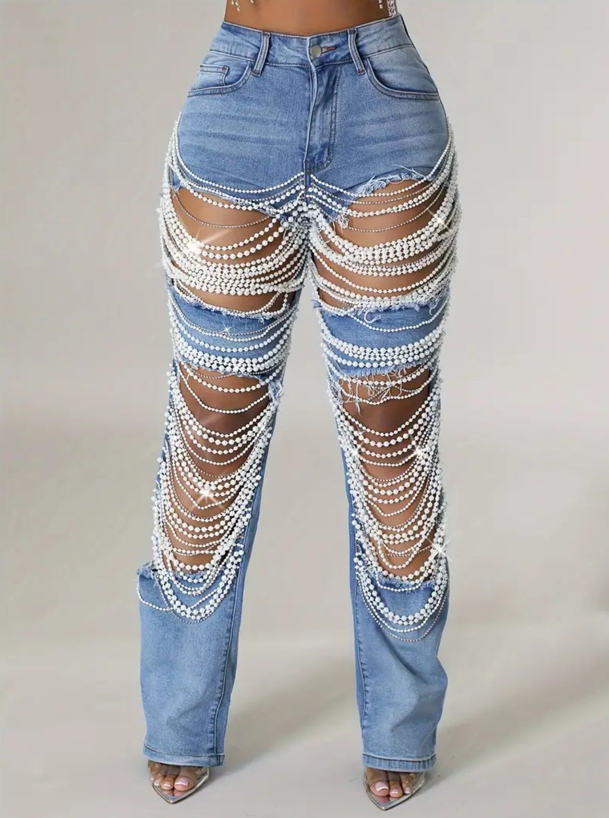 Pearl Chain, Boyfriend Denim Jeans, Straight Leg, Mid-Rise, Distressed Ripped