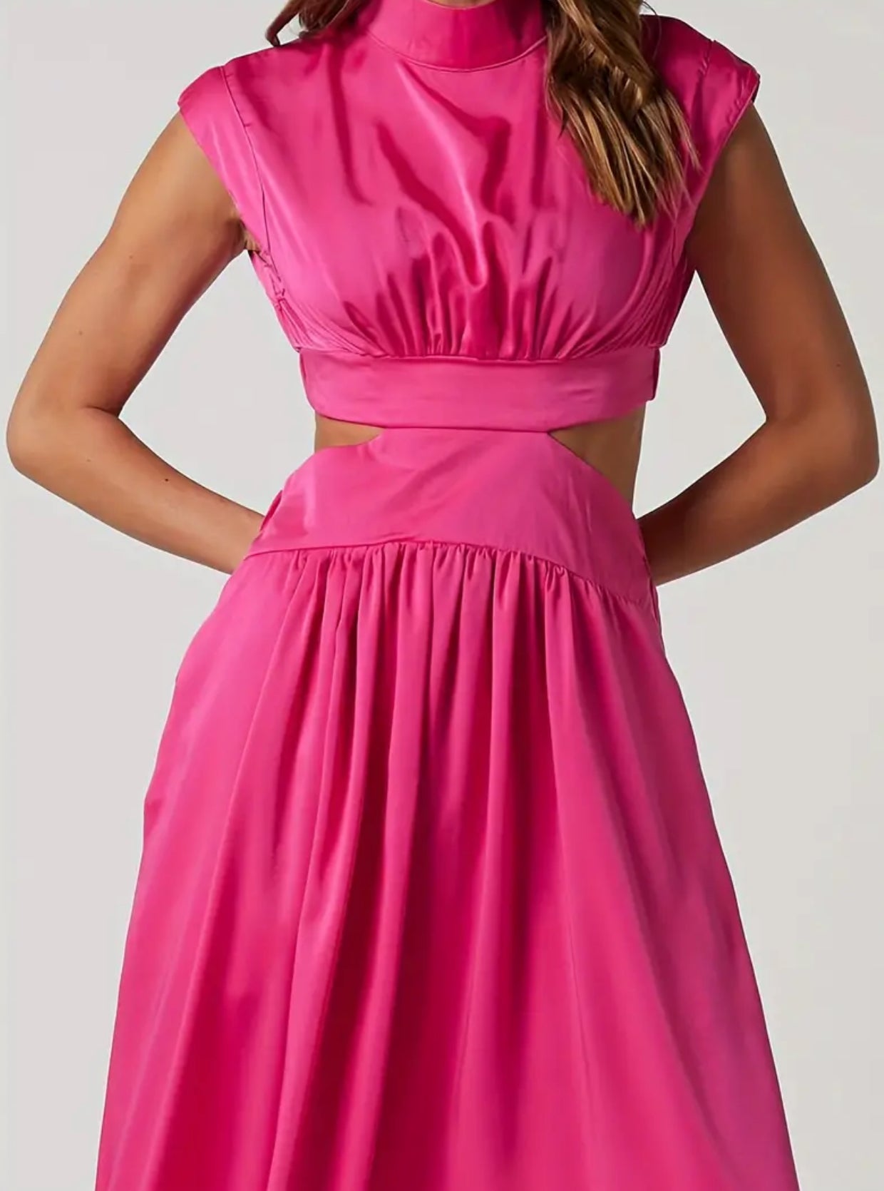 Solid Cut Out Waist, Mock Neck Dress, Elegant Sleeveless Maxi Dress