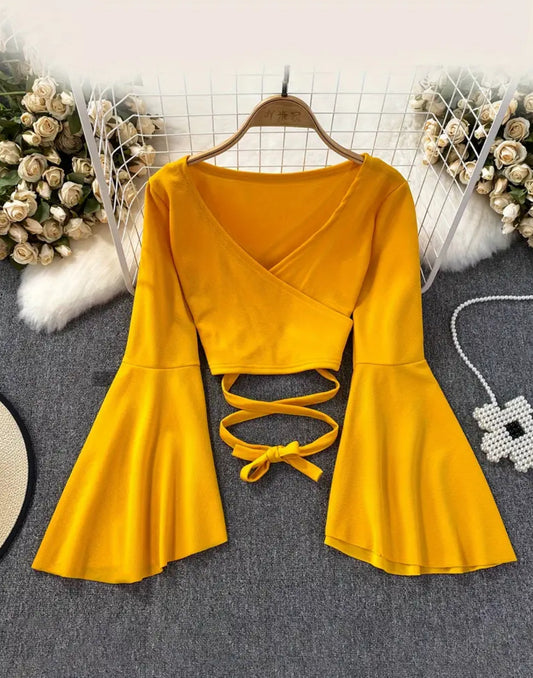 V Neck Crop Top with Long Flared Sleeves