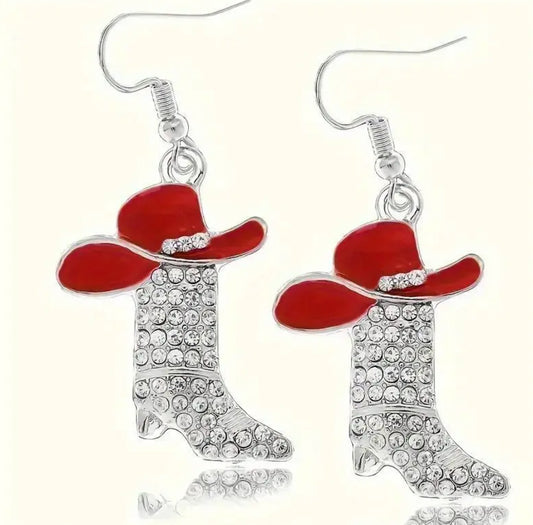 “Texas” Western Boot & Hat Earrings - Hypoallergenic Alloy, Plated White Gold, Synthetic Cubic Zirconia Accents, 1 pair