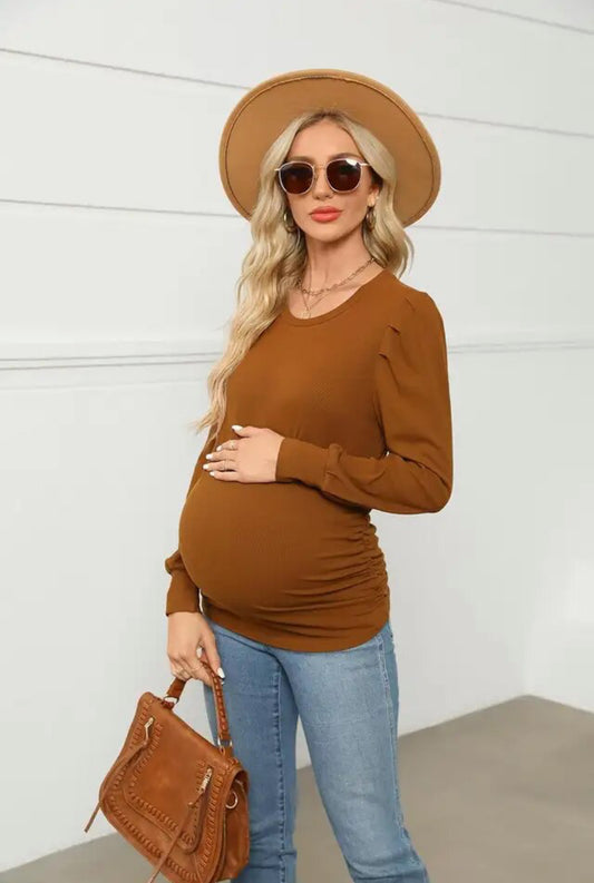 Baby 🌙🌟 Bumps Maternity Collection, Carmel Macchiato, Puff Sleeve Crew Neck Top