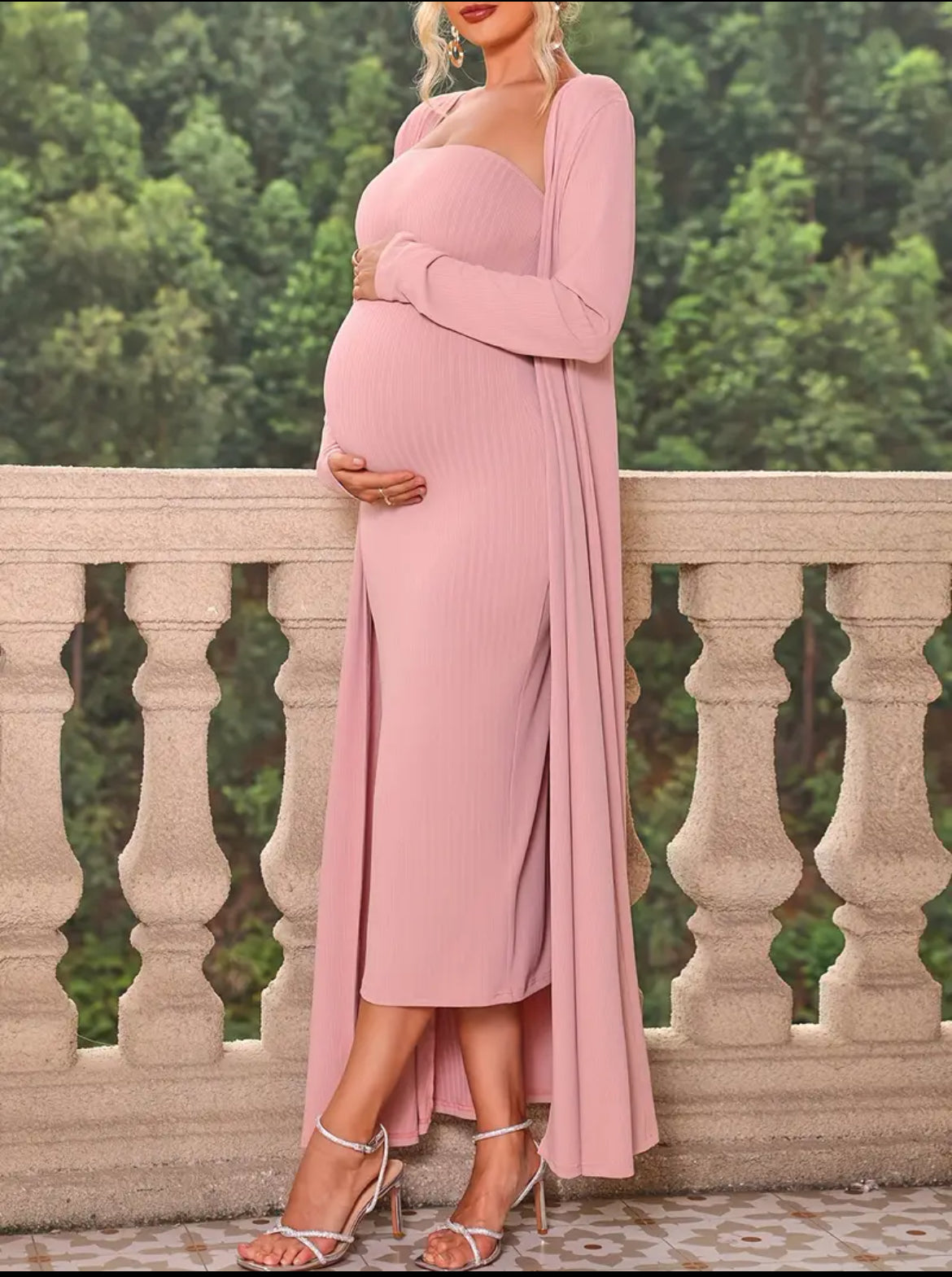 Baby 🌙🌟 Bumps Maternity Collection, Elegant Blush 🎀Women's Maternity 2Pcs Set, Cardigan & Off Shoulder Dress Set