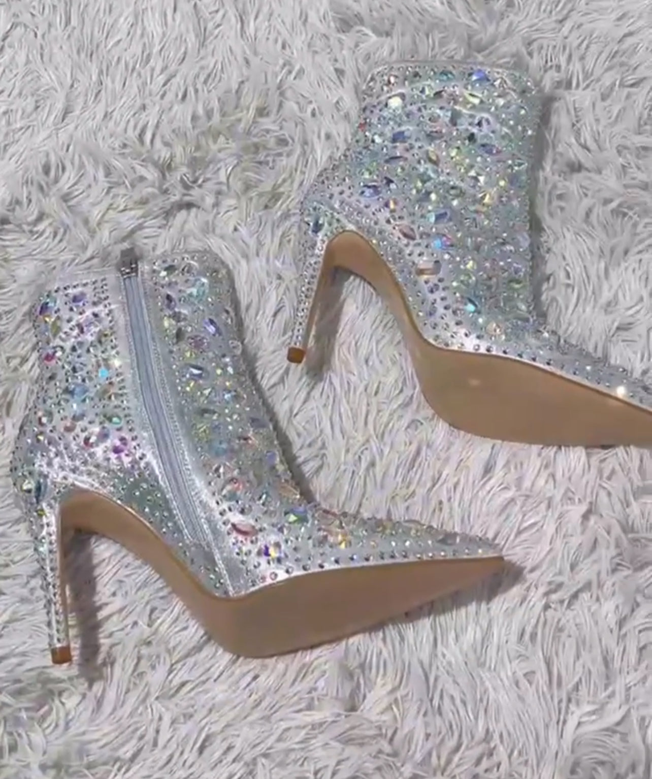 “Silvery Sparkling Rhinestone” Embellished Bootie - Mid High Heel, AB Rhinestones, Luxurious Design, Elegant Style