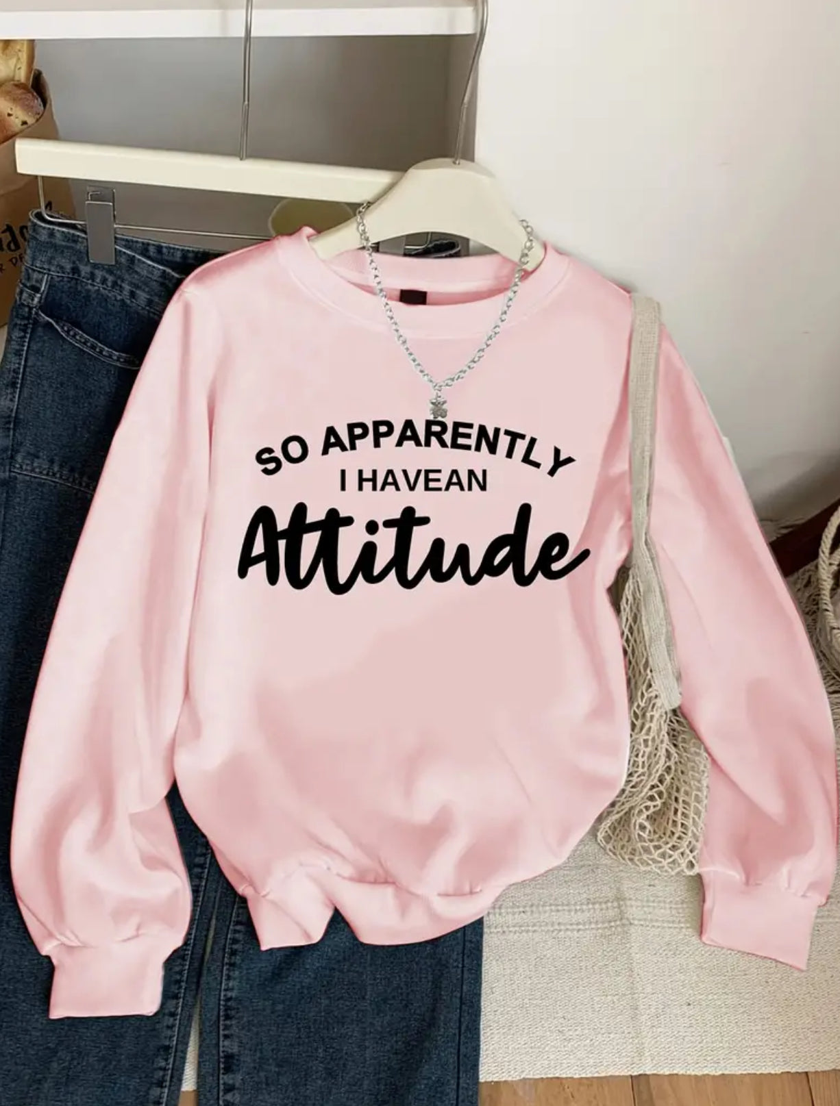 Casual “Attitude” Crew Neck Sweatshirt, Youth 🩷🤍