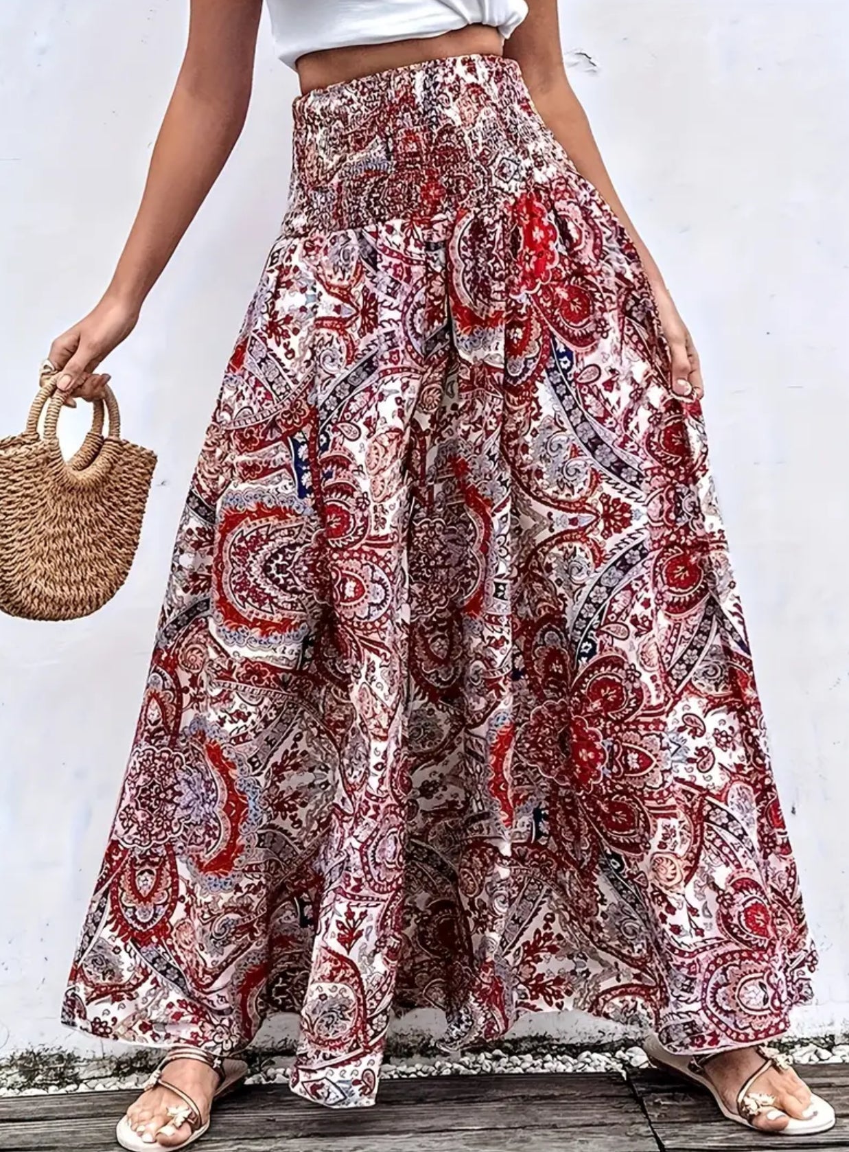 “Boho Floral” Shirred Waist, Floor Length, Wide Leg Pants 🔹