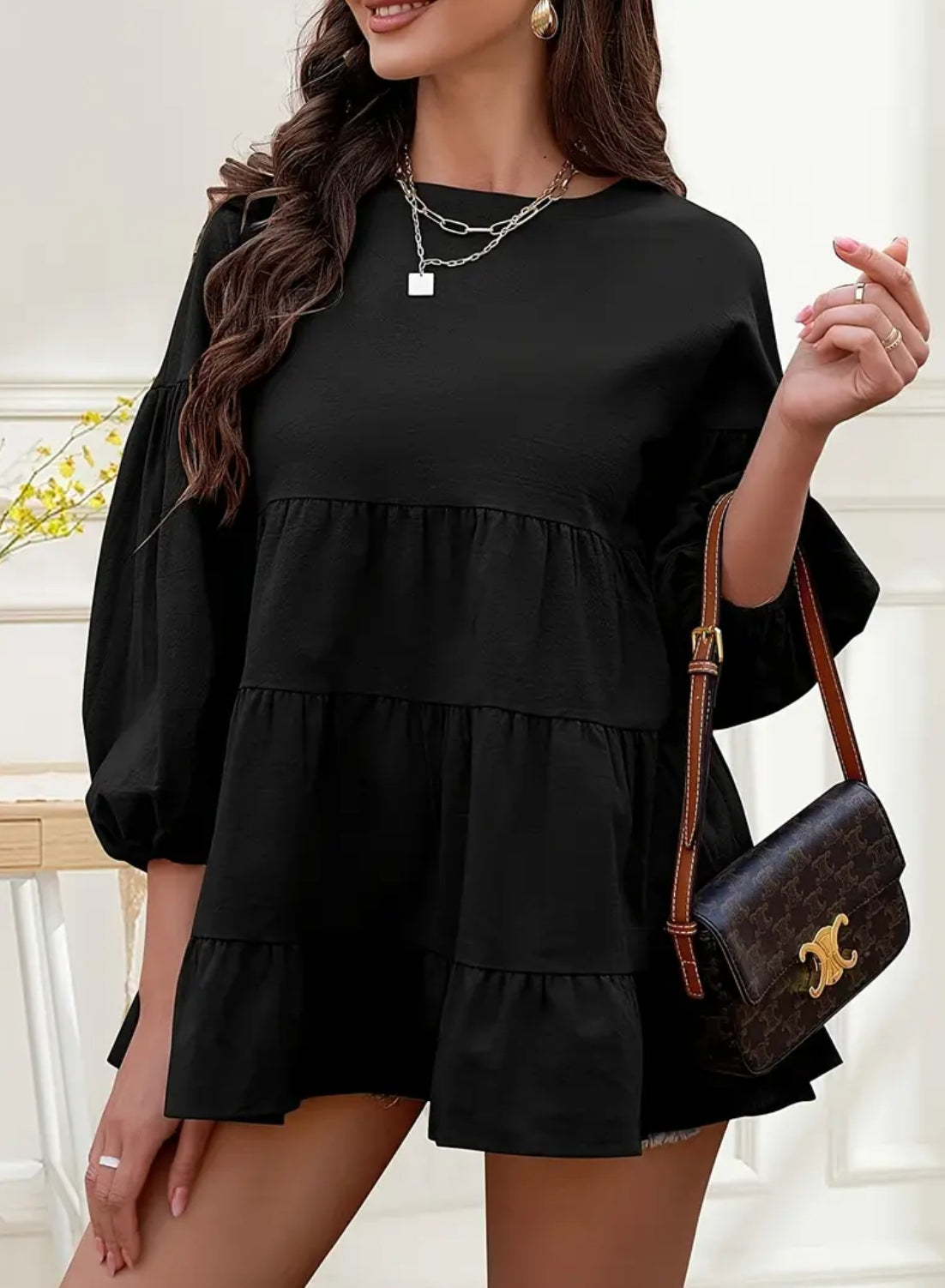 Women's ‘Babydoll’ Peplum Lantern Sleeve Crewneck Loose Dress