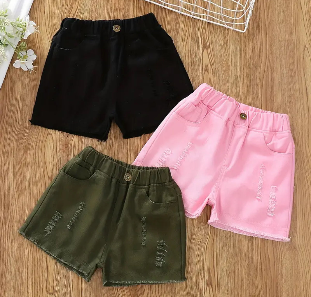 Button Elastic Waist, Raw Hem Ripped Cotton,  Casual Denim Shorts, 🌷