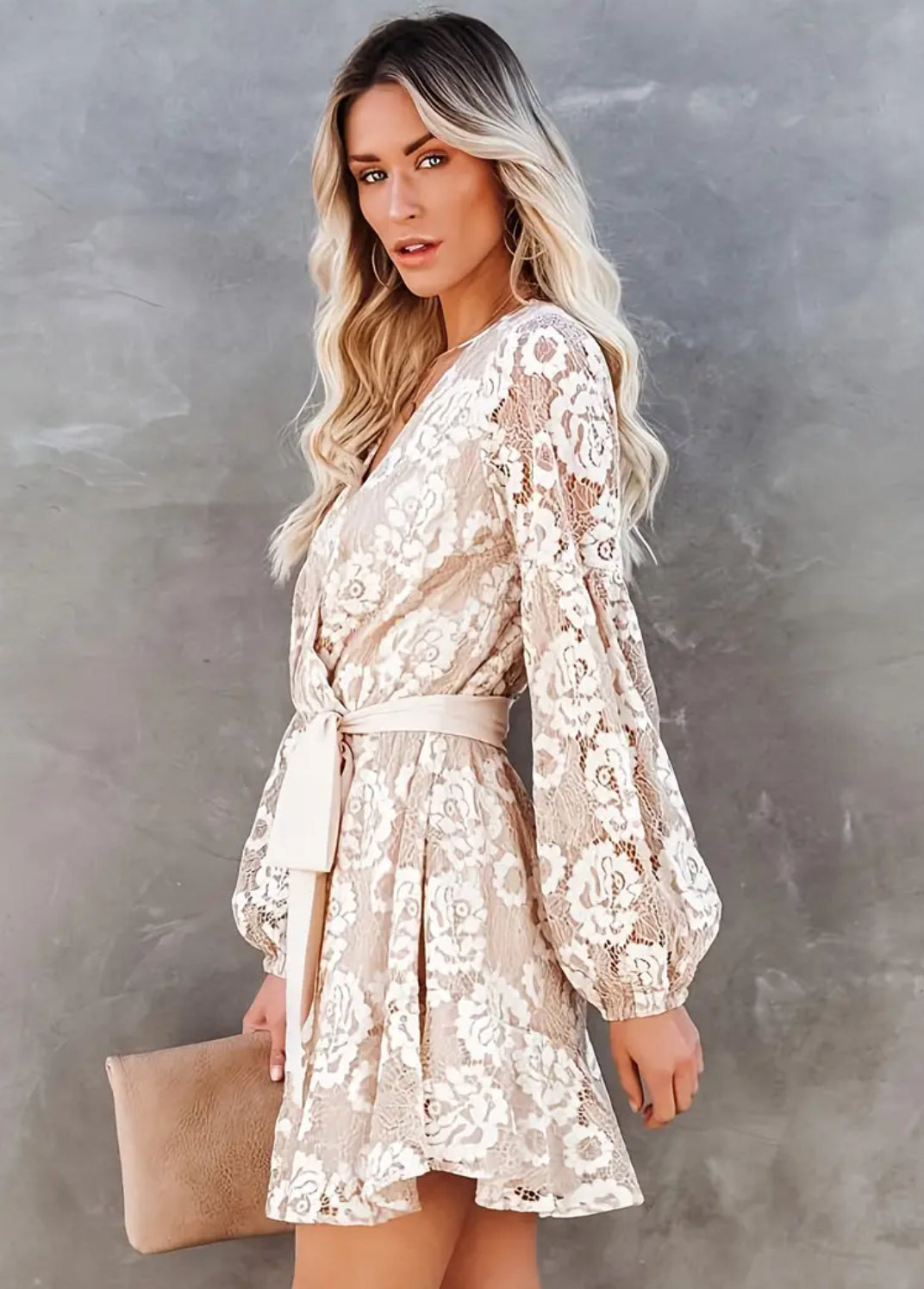 “Lace” Belted Surplice Neck Dress