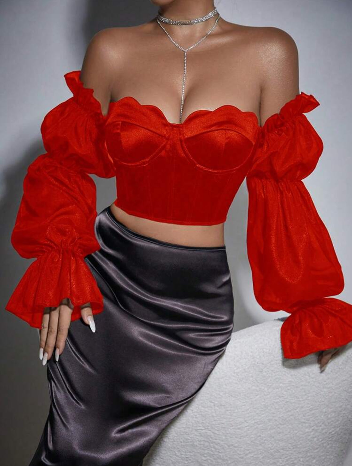 ‘Satin Dream’ Off-Shoulder Bell Sleeve Top Corset