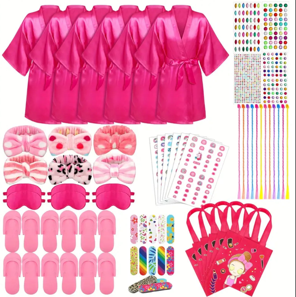 “Girls Spa Party” Robes, Headbands, Slippers, Spa Accessories For Birthday Party, 6 Sets, 72 Pcs