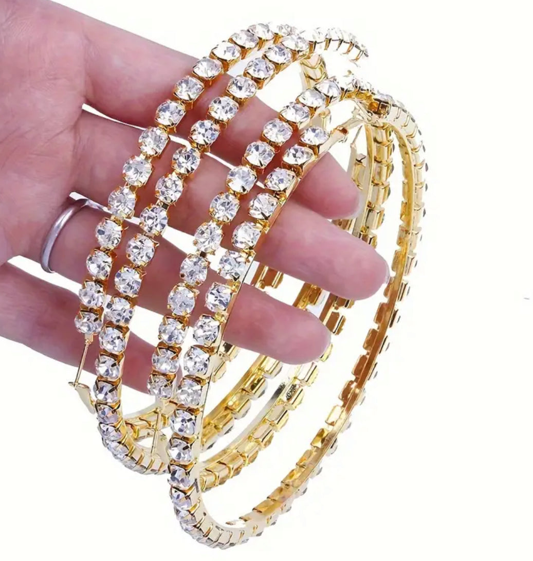 Large Exaggerated, Full Rhinestone, Silver or Gold Plated Hoop Statement Earrings