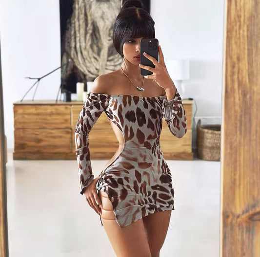 “Leopard Goddess” Off Shoulder, Backless, Long Sleeve Mini Dress