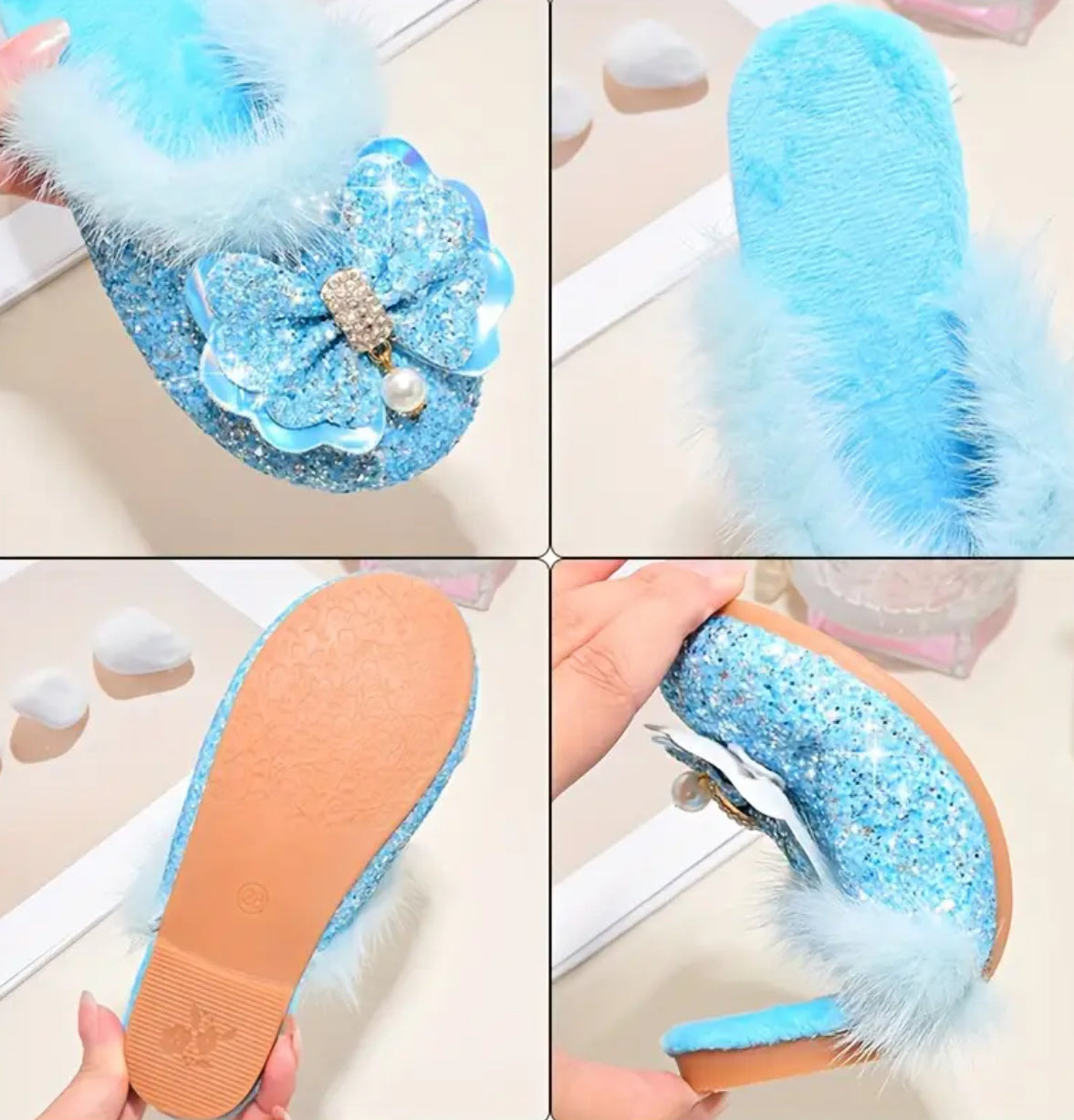 Cute Sequin Bowknot Furry House Shoes For Girls