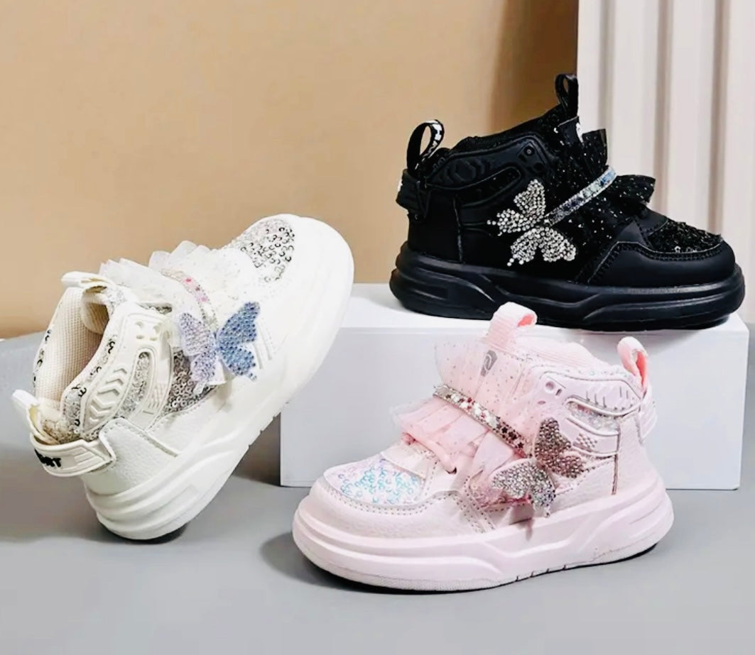 “Sparkling Sequin & Rhinestone Butterfly” Mid-Top Sneakers