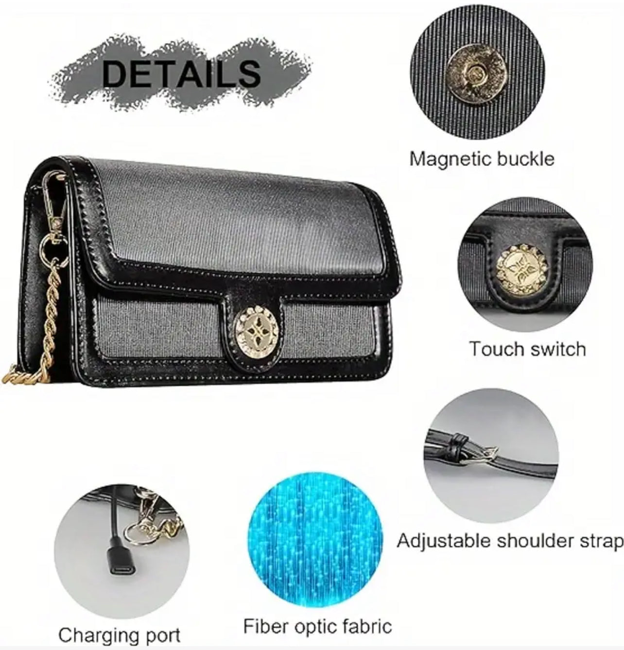 “LED Glitter” Faux Leather, 7-Color LED Crossbody Clutch Bag