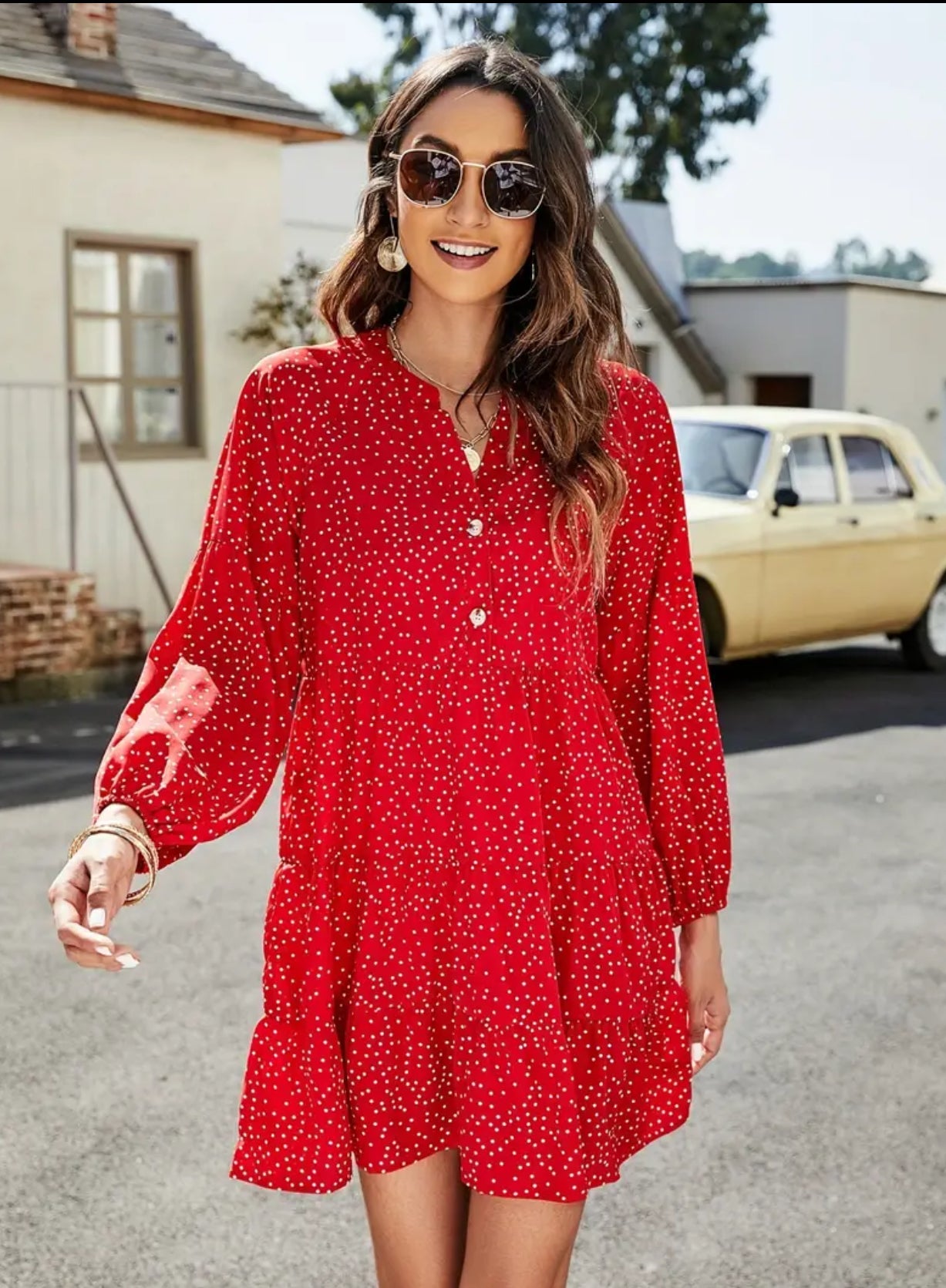 Polka Dot V Neck, Casual Button Front Ruffle Trim Lantern Sleeve Dress