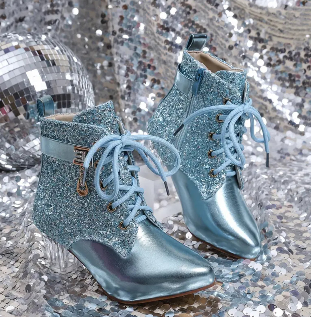 Sparkling Lace-Up Ankle Boots with Crystal Chunky Heel - Pointed Toe, Side Zipper, PU Cover, Posh 💋 Women’s & Teens