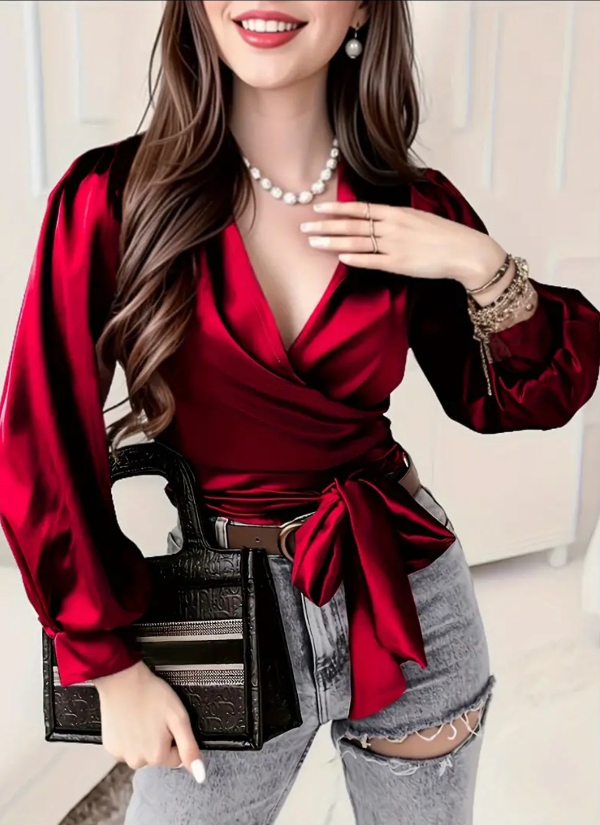 Women's Solid Surplice Neck Blouse with Long Sleeve and Tie Waist