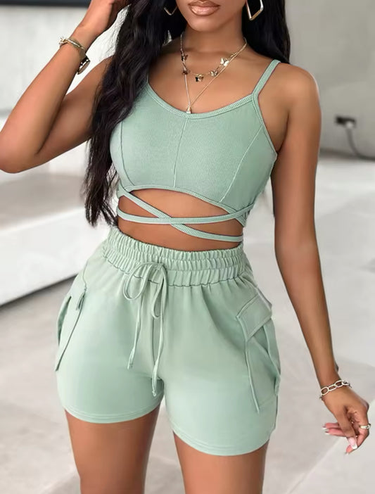 Criss Cross Top & Drawstring Pocket Design Shorts Set