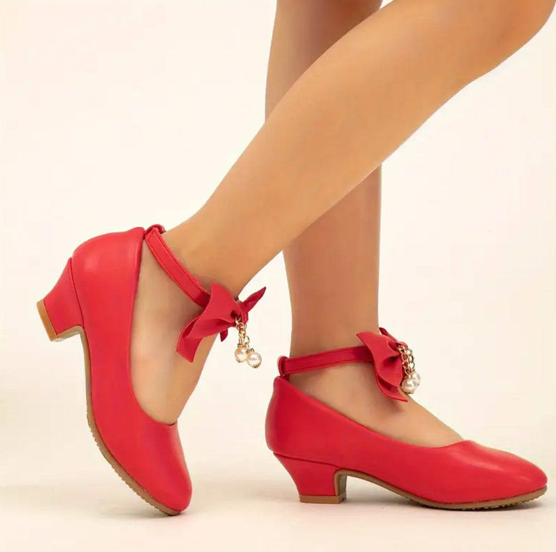 “Little Red Ridding-hood” Princess Shoes, Teens Bow Pearl Accent