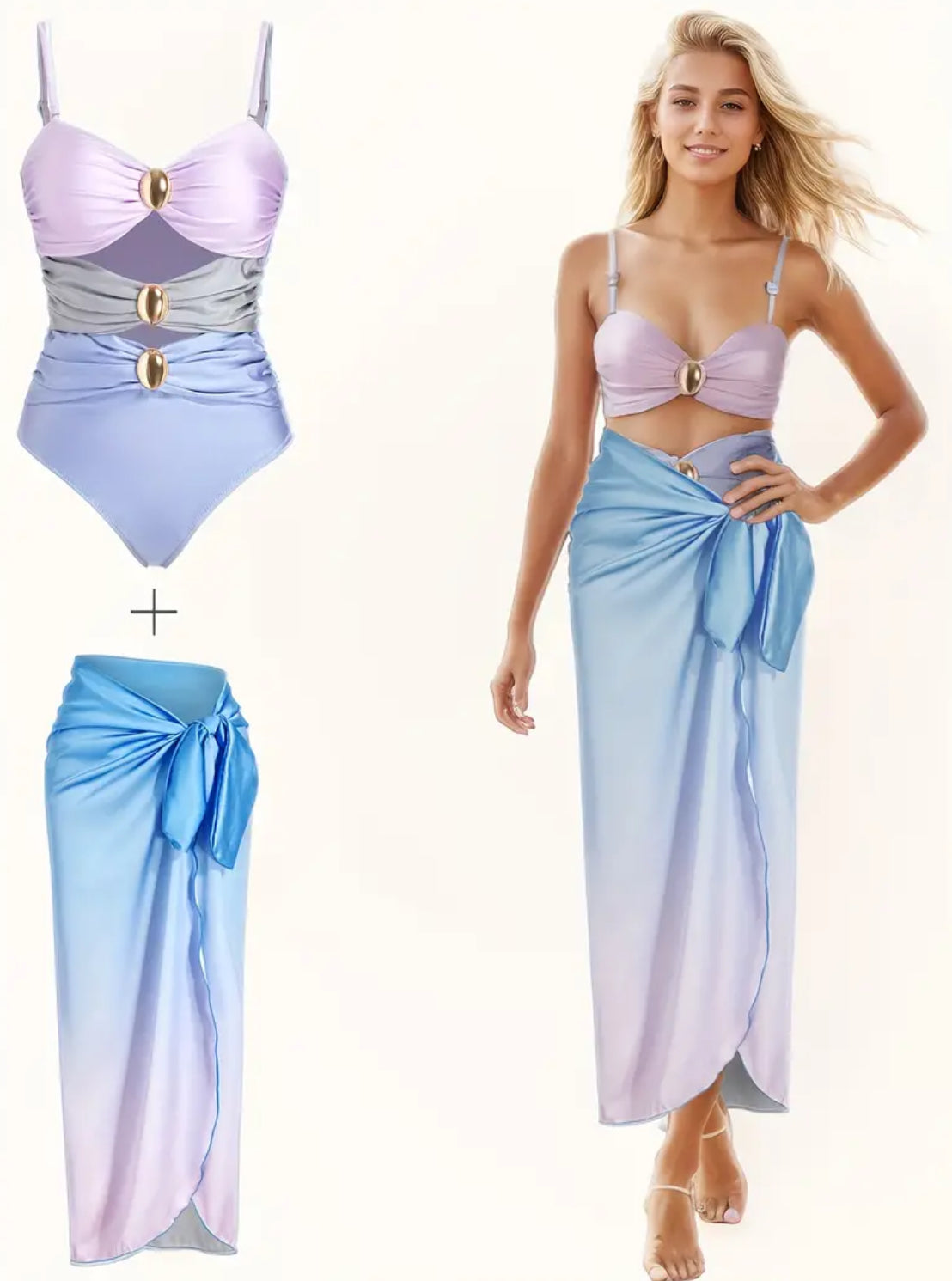 Fashionable Gradient Color One-Piece Swimsuit, Round Buckle Design + Slimming Long Skirt, Up to 2XL