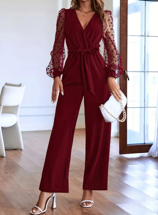 “Wine/ Noir Polka Dots” Elegant V Neck, Long Sleeve Jumpsuit for Women