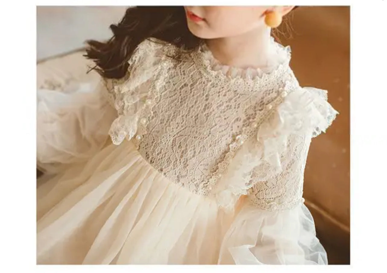 Vintage Lantern Sleeve Lace Princess Dress Pearl Sweet O-neck Mesh Dress