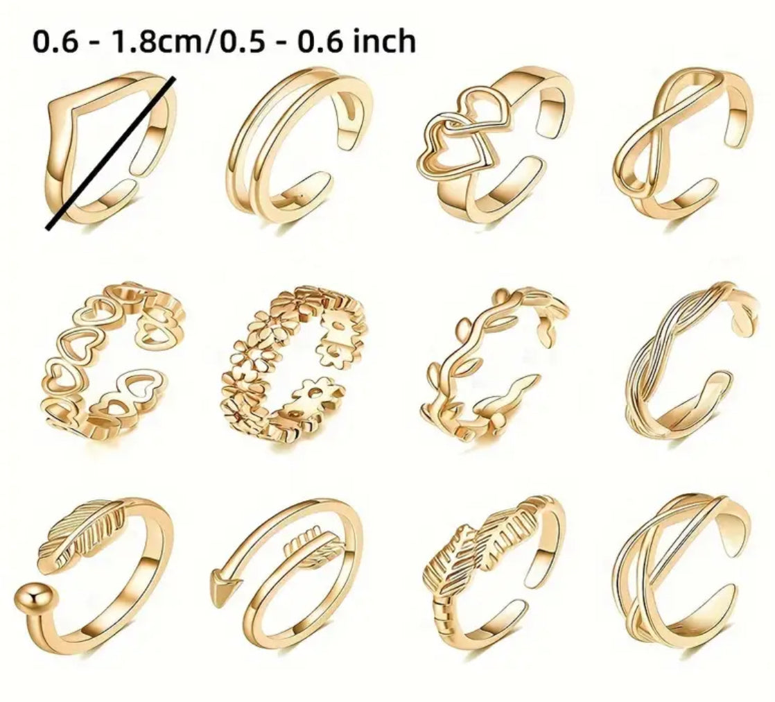 12pcs adjustable flower, feather, rattan arrow line, toe ring, jewelry