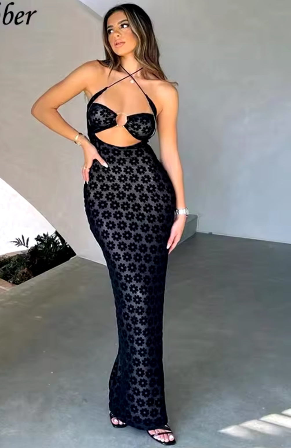 Black Maxi Dress Sexy Hollow Female Street, Hanging Neck 🖤